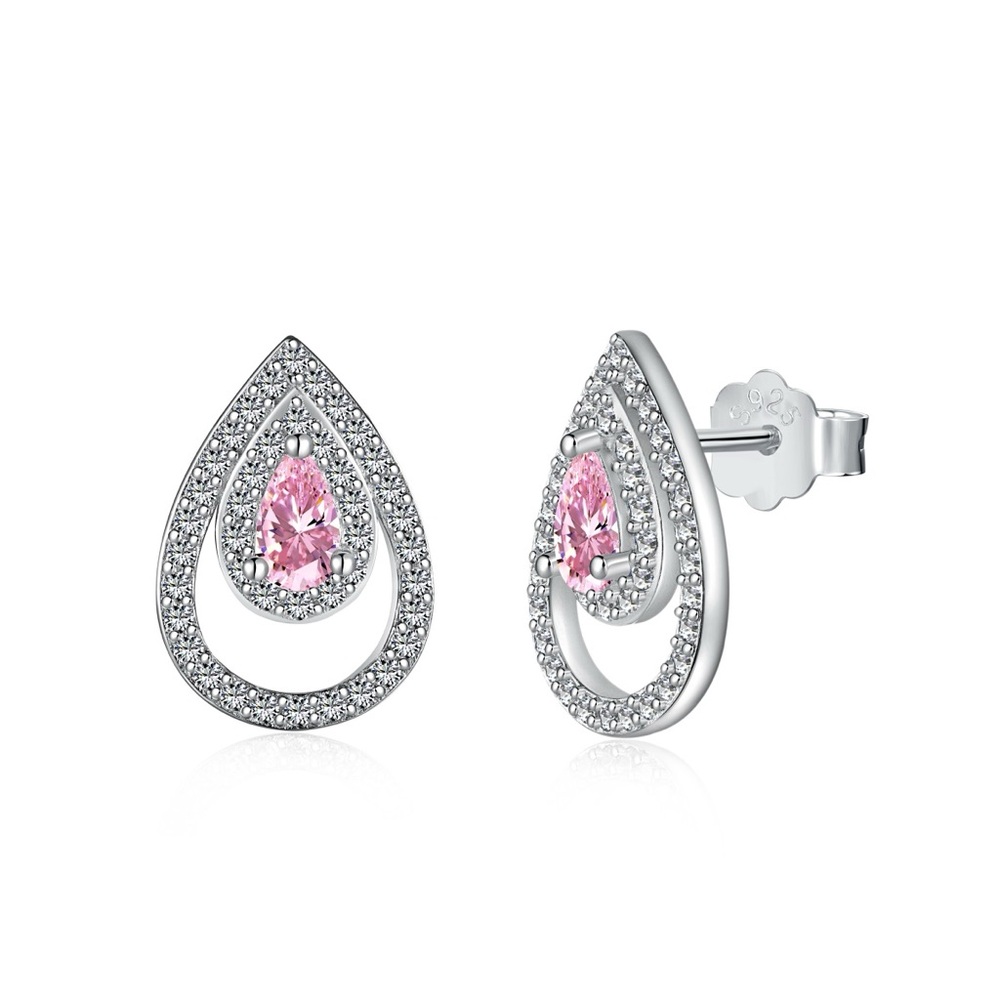 S925 Sterling Silver Pink Pear Shape Cubic Zirconia Stud Earrings Small